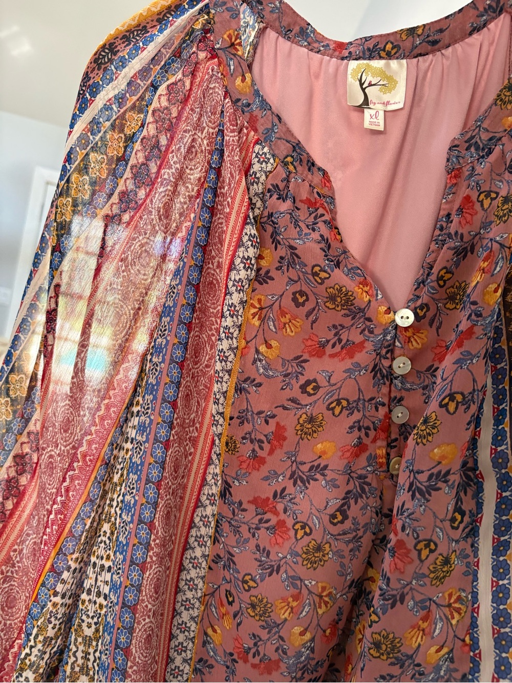 fig and flower Pink Mauve Multi-Print Boho Peasant Top - Picture 9 of 11
